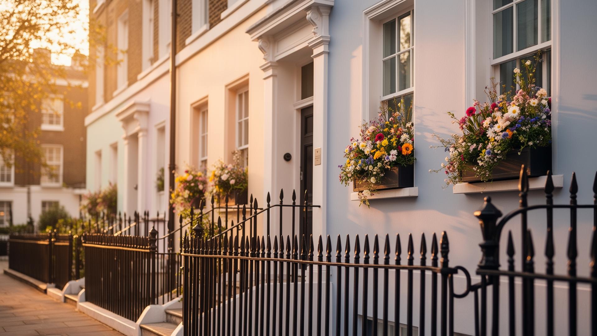 A pastel UK townhouse terrace